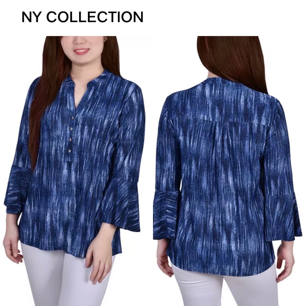 NY Collection - Women's 3/4 Bell Sleeve Pleat Front Y-neck Top - Large